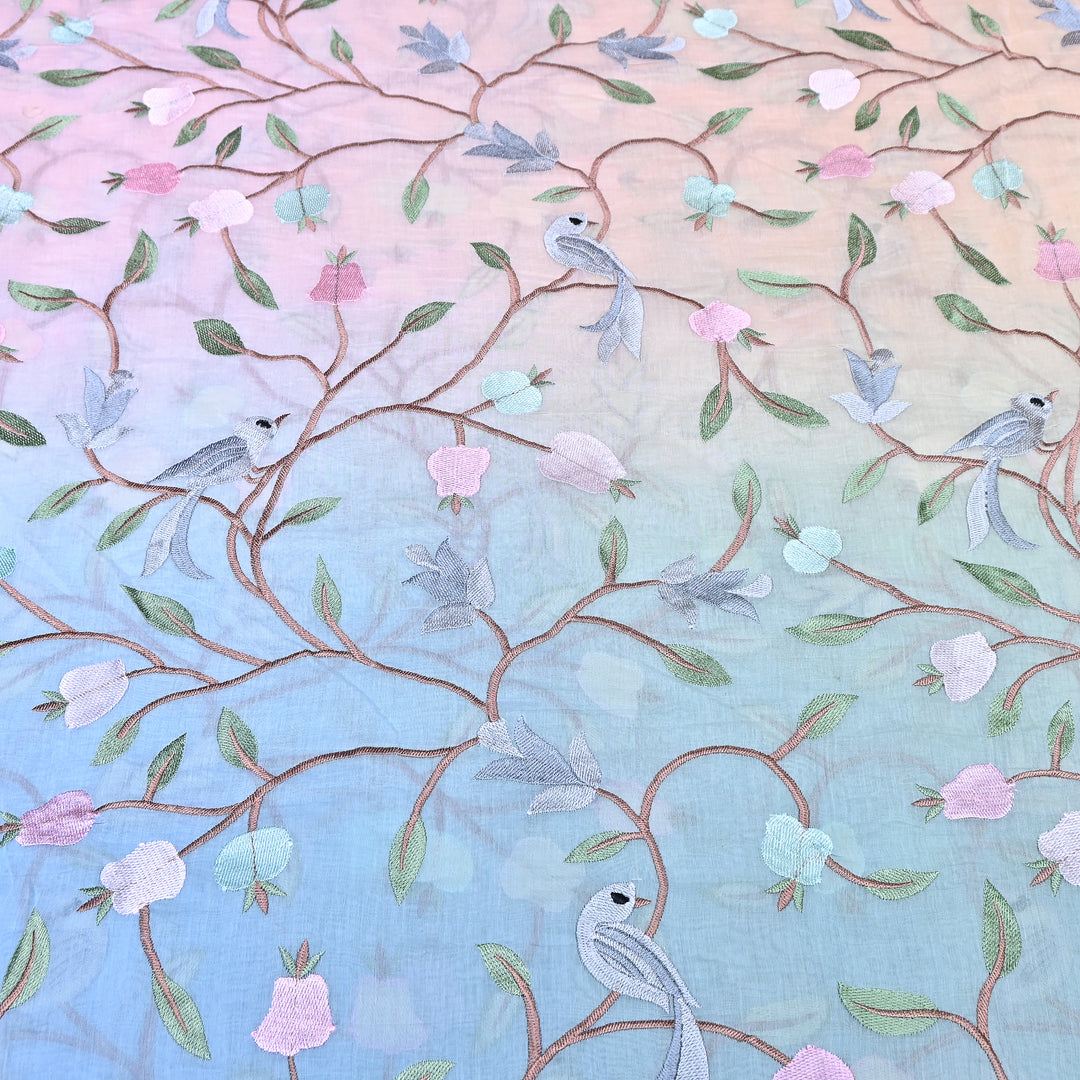 Shaded Color Mul Chanderi Thread Embroidery Fabric – Pastel Floral & Bird Embroidered Designer Fabric GP3927-4