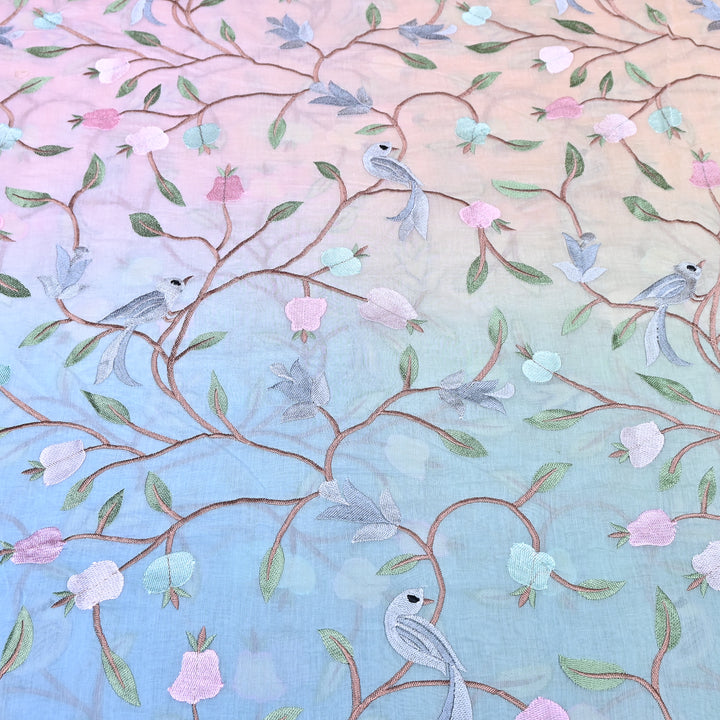 Shaded Color Mul Chanderi Thread Embroidery Fabric – Pastel Floral & Bird Embroidered Designer Fabric GP3927-4