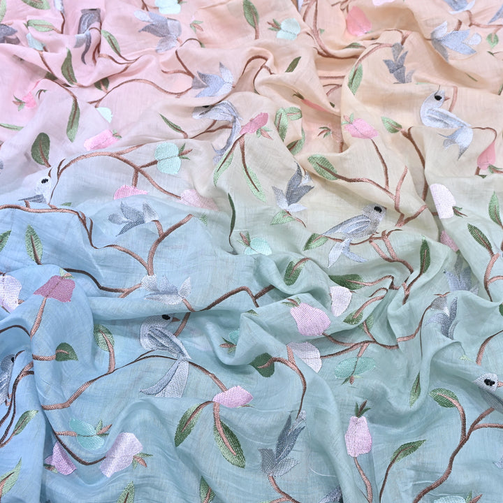 Shaded Color Mul Chanderi Thread Embroidery Fabric – Pastel Floral & Bird Embroidered Designer Fabric GP3927-4