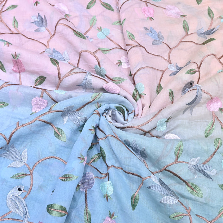Shaded Color Mul Chanderi Thread Embroidery Fabric – Pastel Floral & Bird Embroidered Designer Fabric GP3927-4