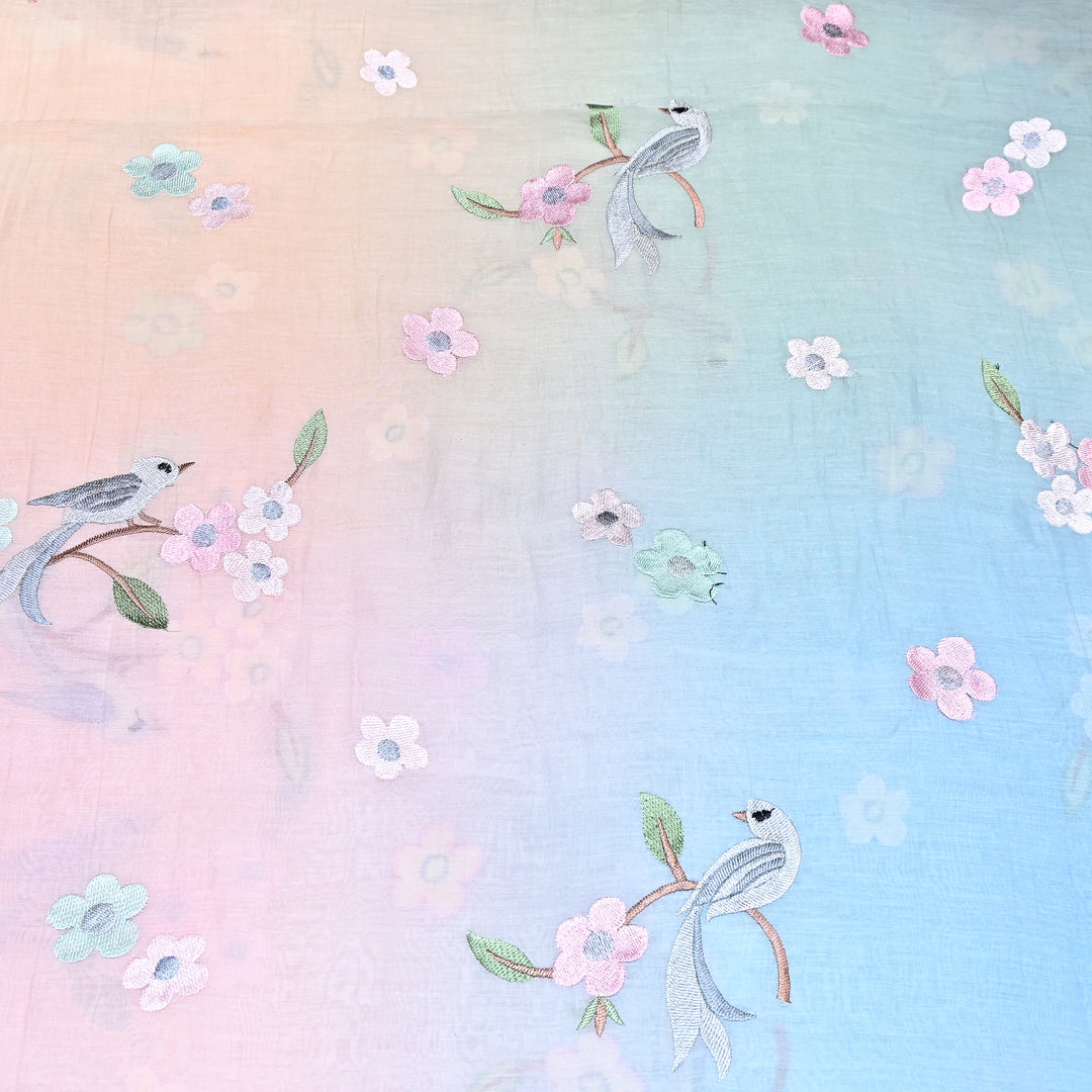 Shaded Color Mul Chanderi Thread Embroidery Fabric – Pastel Floral & Bird Embroidered Designer Fabric G3927A-4