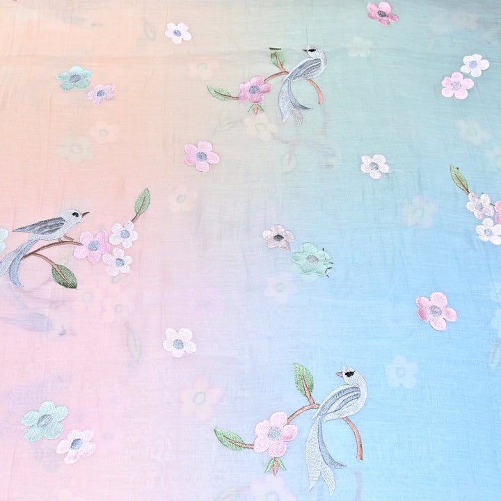 Shaded Color Mul Chanderi Thread Embroidery Fabric – Pastel Floral & Bird Embroidered Designer Fabric G3927A-4