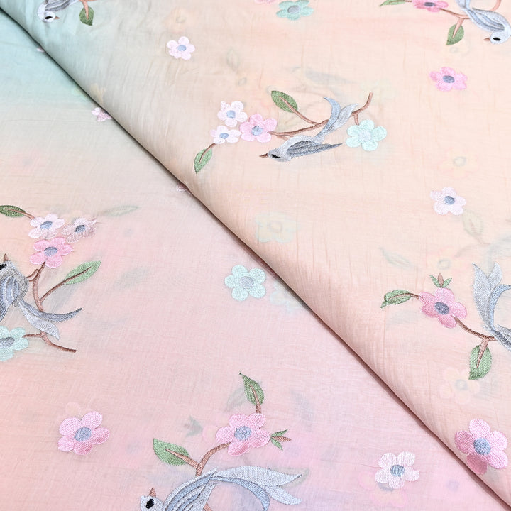 Shaded Color Mul Chanderi Thread Embroidery Fabric – Pastel Floral & Bird Embroidered Designer Fabric G3927A-4