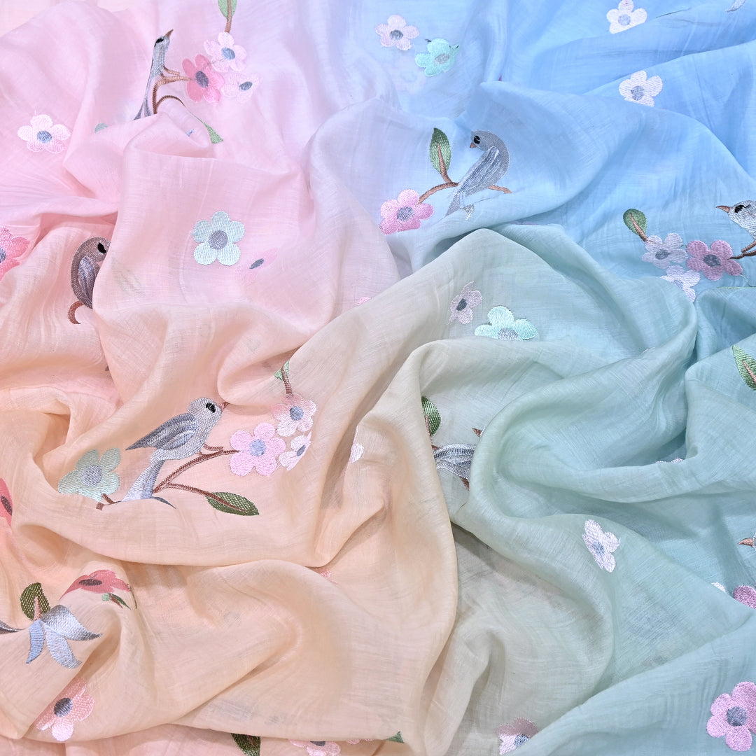 Shaded Color Mul Chanderi Thread Embroidery Fabric – Pastel Floral & Bird Embroidered Designer Fabric G3927A-4