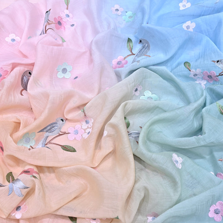 Shaded Color Mul Chanderi Thread Embroidery Fabric – Pastel Floral & Bird Embroidered Designer Fabric G3927A-4