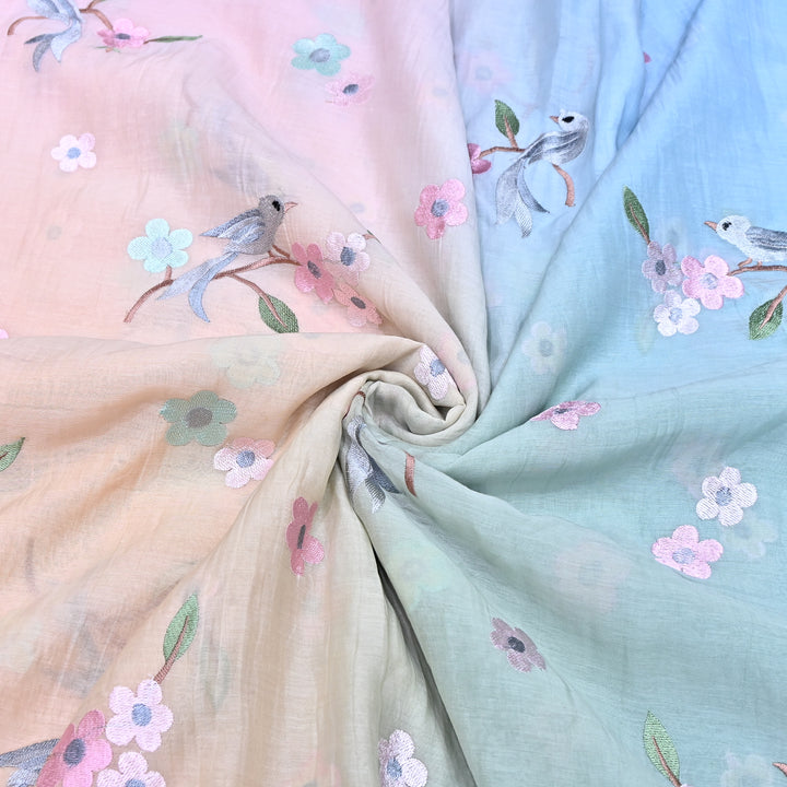 Shaded Color Mul Chanderi Thread Embroidery Fabric – Pastel Floral & Bird Embroidered Designer Fabric G3927A-4
