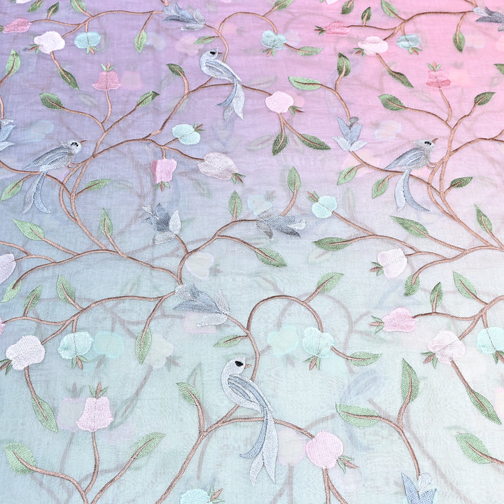 Shaded Color Mul Chanderi Thread Embroidery Fabric – Pastel Floral & Bird Embroidered Designer Fabric GP3927-5