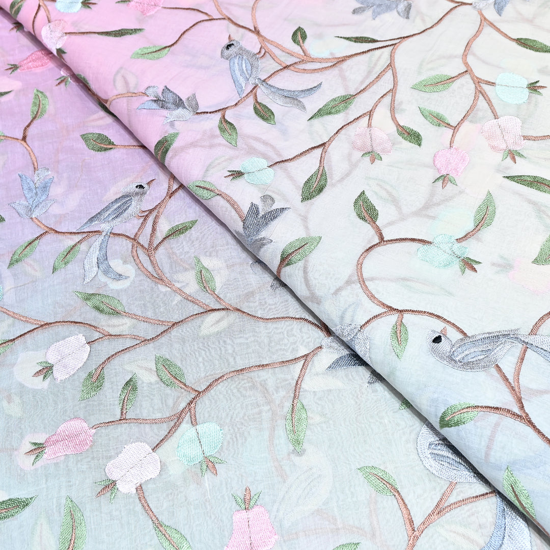 Shaded Color Mul Chanderi Thread Embroidery Fabric – Pastel Floral & Bird Embroidered Designer Fabric GP3927-5