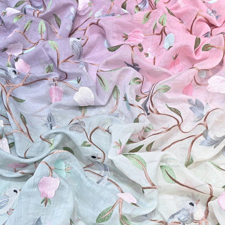 Shaded Color Mul Chanderi Thread Embroidery Fabric – Pastel Floral & Bird Embroidered Designer Fabric GP3927-5