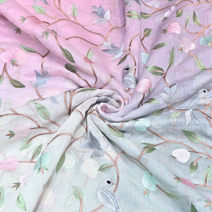 Shaded Color Mul Chanderi Thread Embroidery Fabric – Pastel Floral & Bird Embroidered Designer Fabric GP3927-5