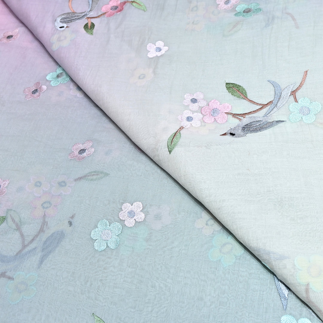 Shaded Color Mul Chanderi Thread Embroidery Fabric – Pastel Floral & Bird Embroidered Designer Fabric G3927A-5