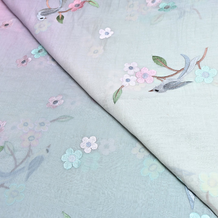 Shaded Color Mul Chanderi Thread Embroidery Fabric – Pastel Floral & Bird Embroidered Designer Fabric G3927A-5