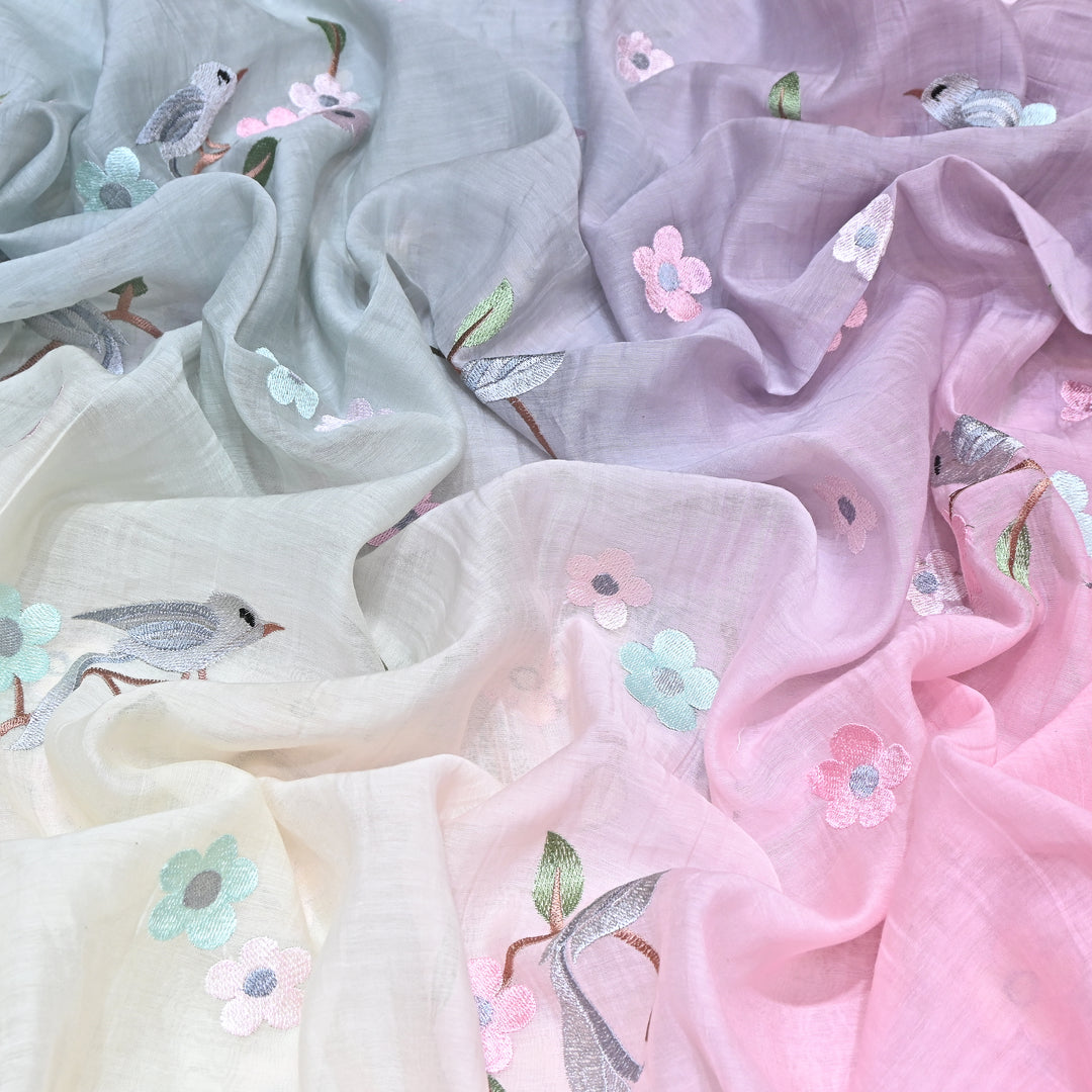 Shaded Color Mul Chanderi Thread Embroidery Fabric – Pastel Floral & Bird Embroidered Designer Fabric G3927A-5