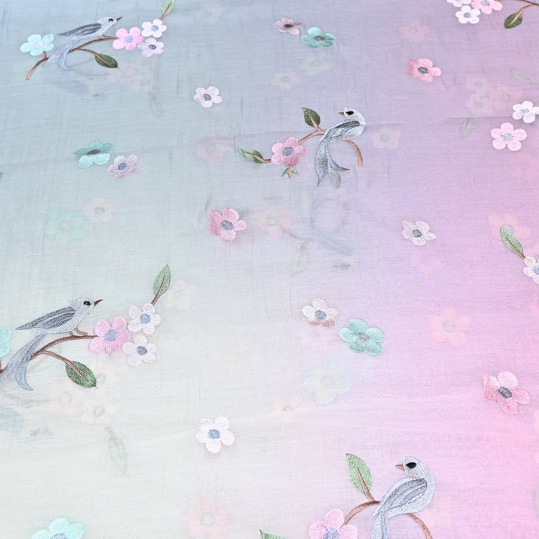 Shaded Color Mul Chanderi Thread Embroidery Fabric – Pastel Floral & Bird Embroidered Designer Fabric G3927A-5