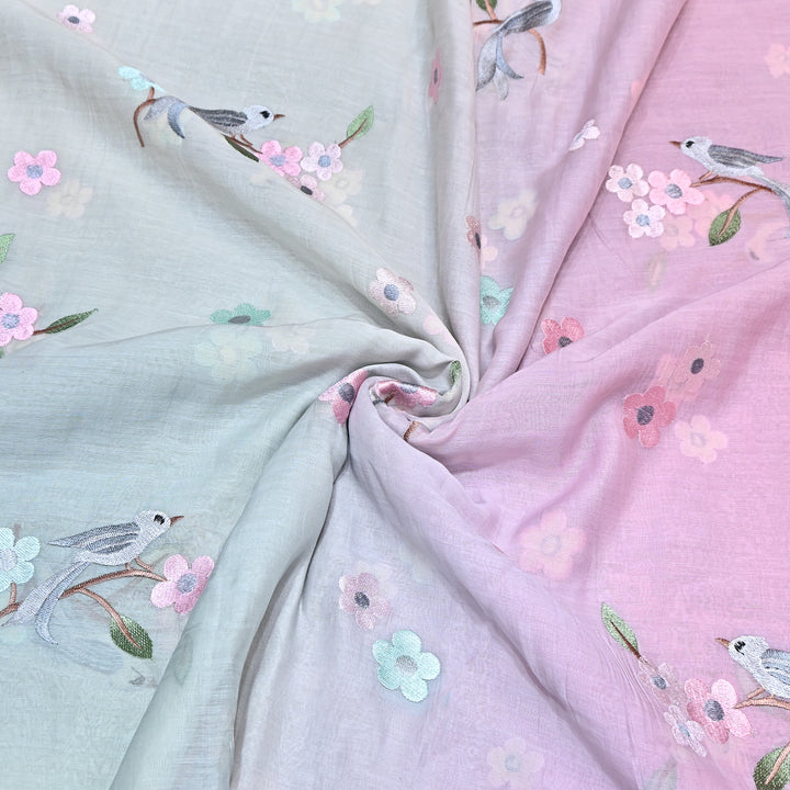 Shaded Color Mul Chanderi Thread Embroidery Fabric – Pastel Floral & Bird Embroidered Designer Fabric G3927A-5