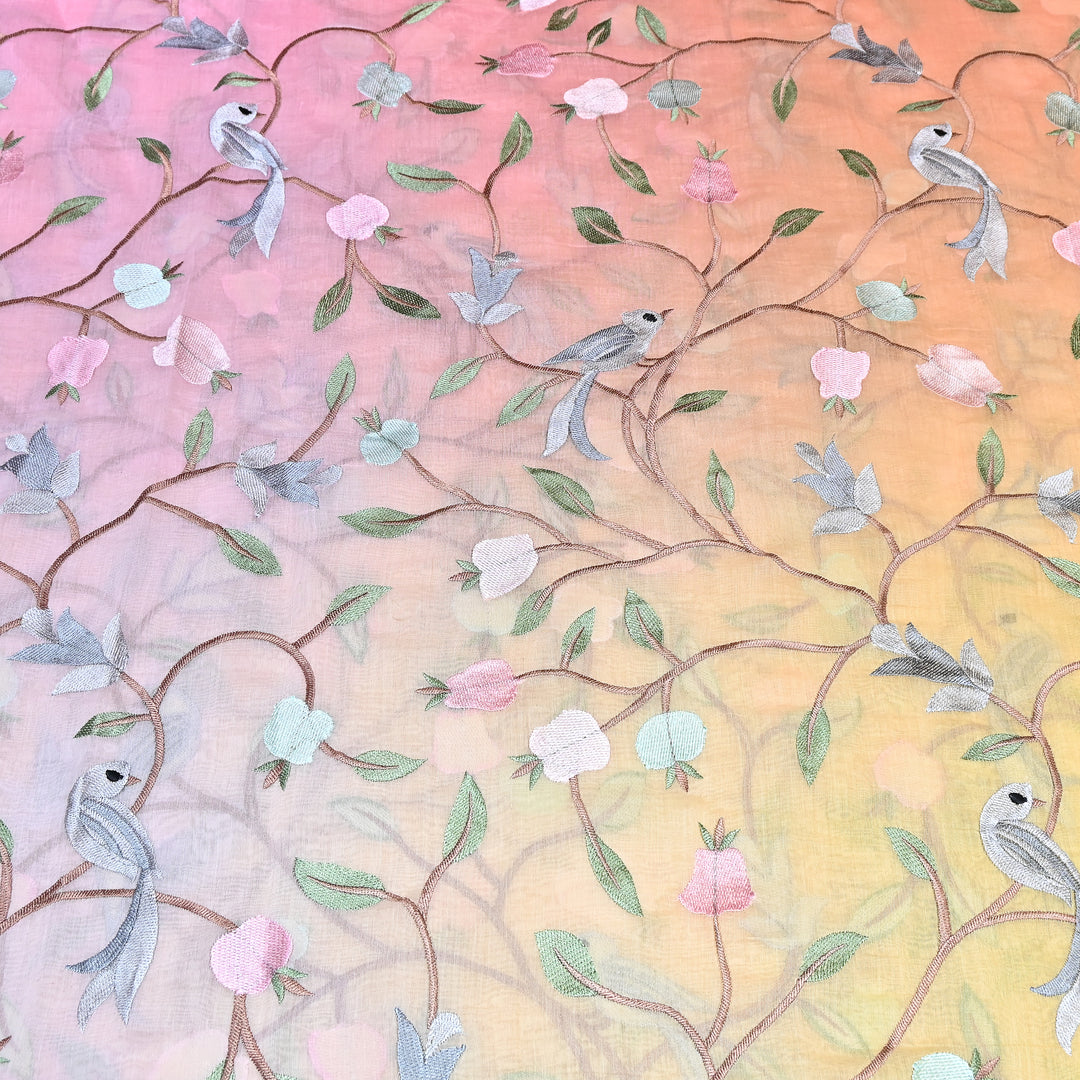 Shaded Color Mul Chanderi Thread Embroidery Fabric – Pastel Floral & Bird Embroidered Designer Fabric GP3927-6