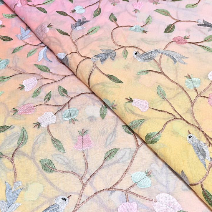 Shaded Color Mul Chanderi Thread Embroidery Fabric – Pastel Floral & Bird Embroidered Designer Fabric GP3927-6