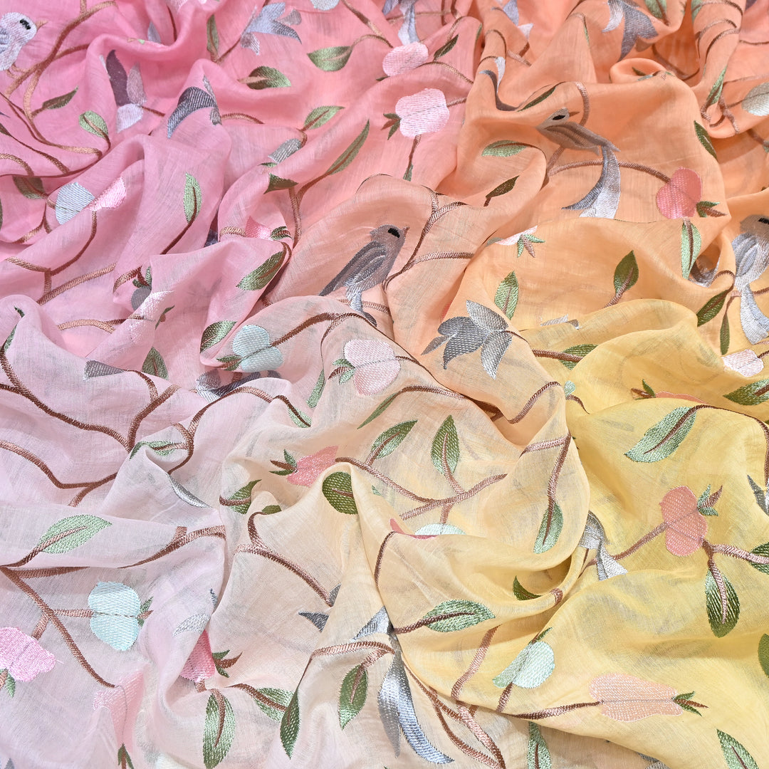 Shaded Color Mul Chanderi Thread Embroidery Fabric – Pastel Floral & Bird Embroidered Designer Fabric GP3927-6