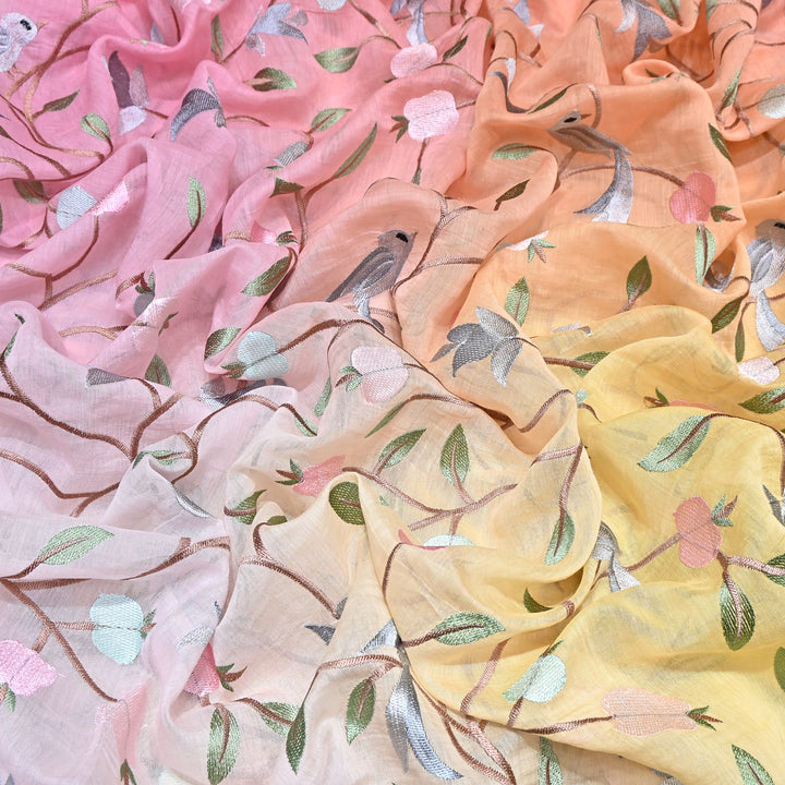 Shaded Color Mul Chanderi Thread Embroidery Fabric – Pastel Floral & Bird Embroidered Designer Fabric GP3927-6