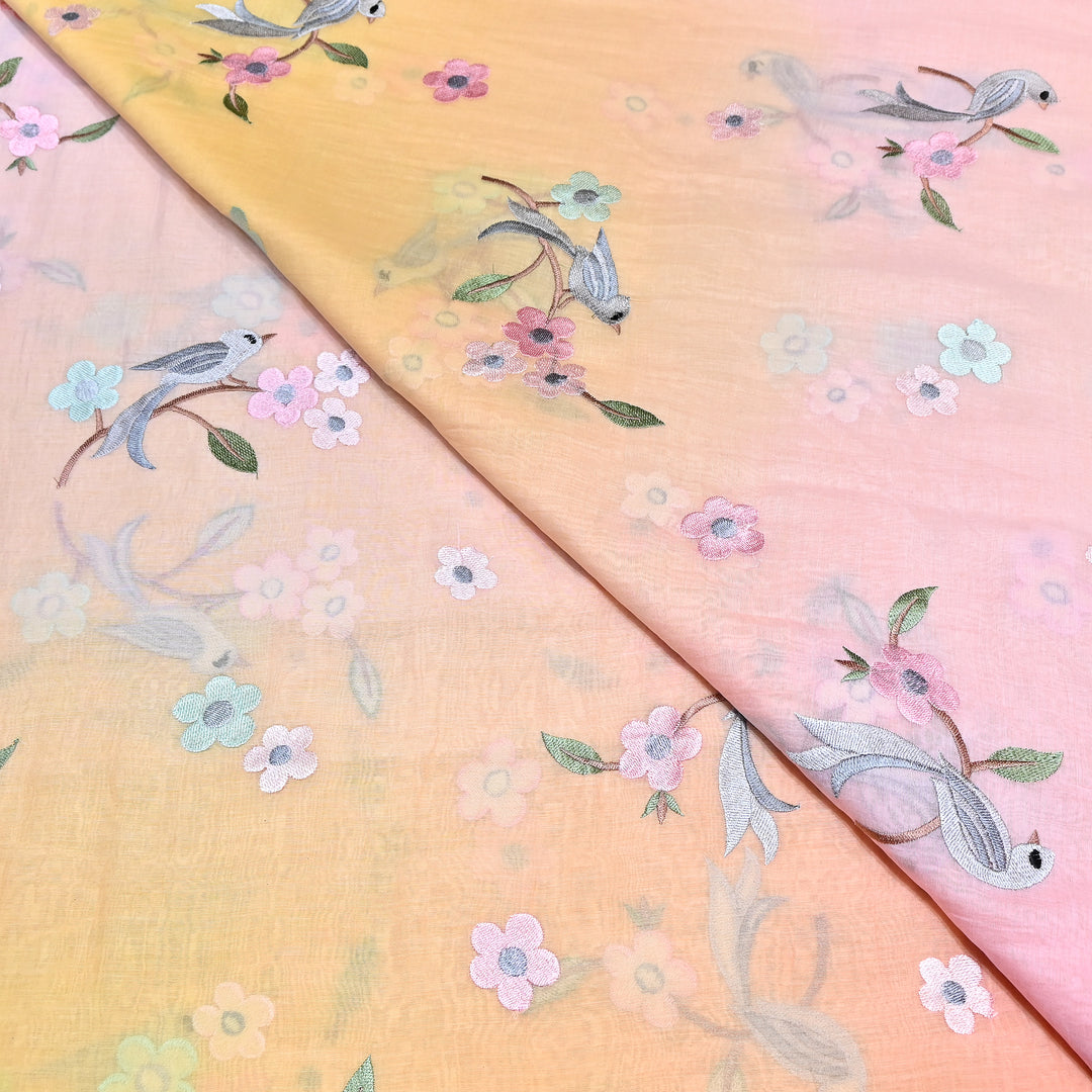 Shaded Color Mul Chanderi Thread Embroidery Fabric – Pastel Floral & Bird Embroidered Designer Fabric G3927A-6