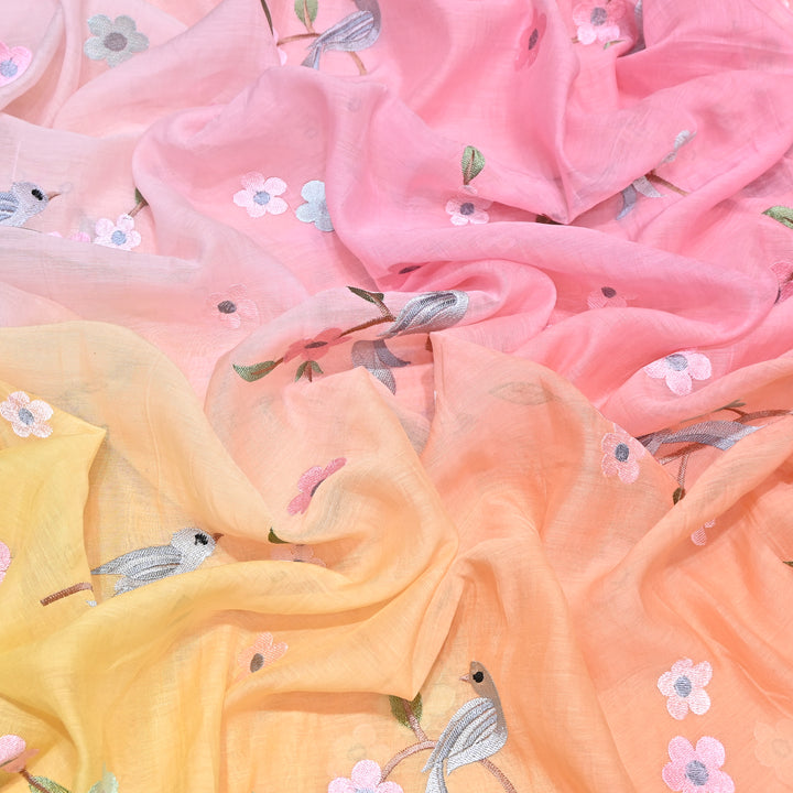 Shaded Color Mul Chanderi Thread Embroidery Fabric – Pastel Floral & Bird Embroidered Designer Fabric G3927A-6