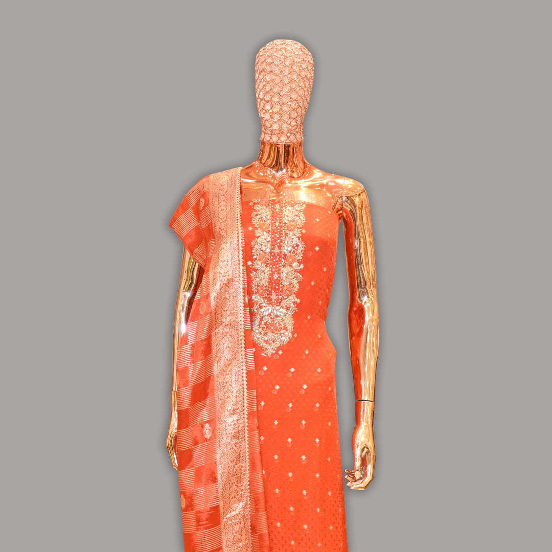 Elegant Dola Silk Dabka & Gota Patti Work Unstitched Suit Set | RC2439