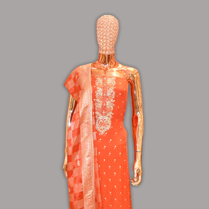 Elegant Dola Silk Dabka & Gota Patti Work Unstitched Suit Set | RC2439