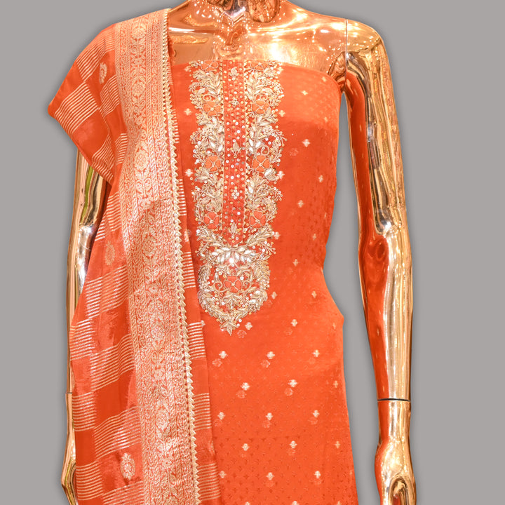 Elegant Dola Silk Dabka & Gota Patti Work Unstitched Suit Set | RC2439