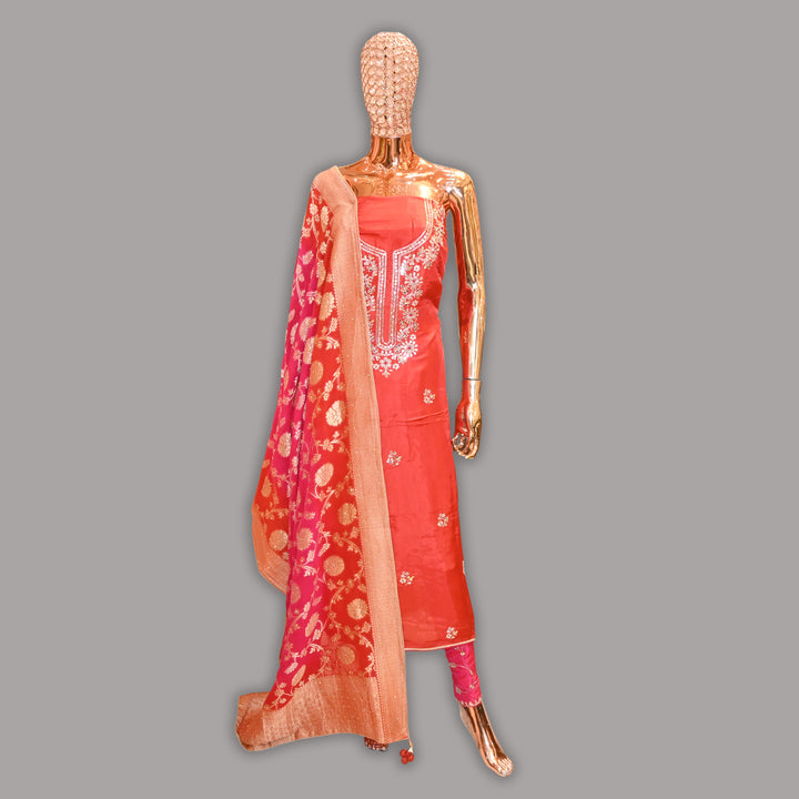 Premium Upada Silk Dabka Gota Patti Unstitched Suit Set-HSA245