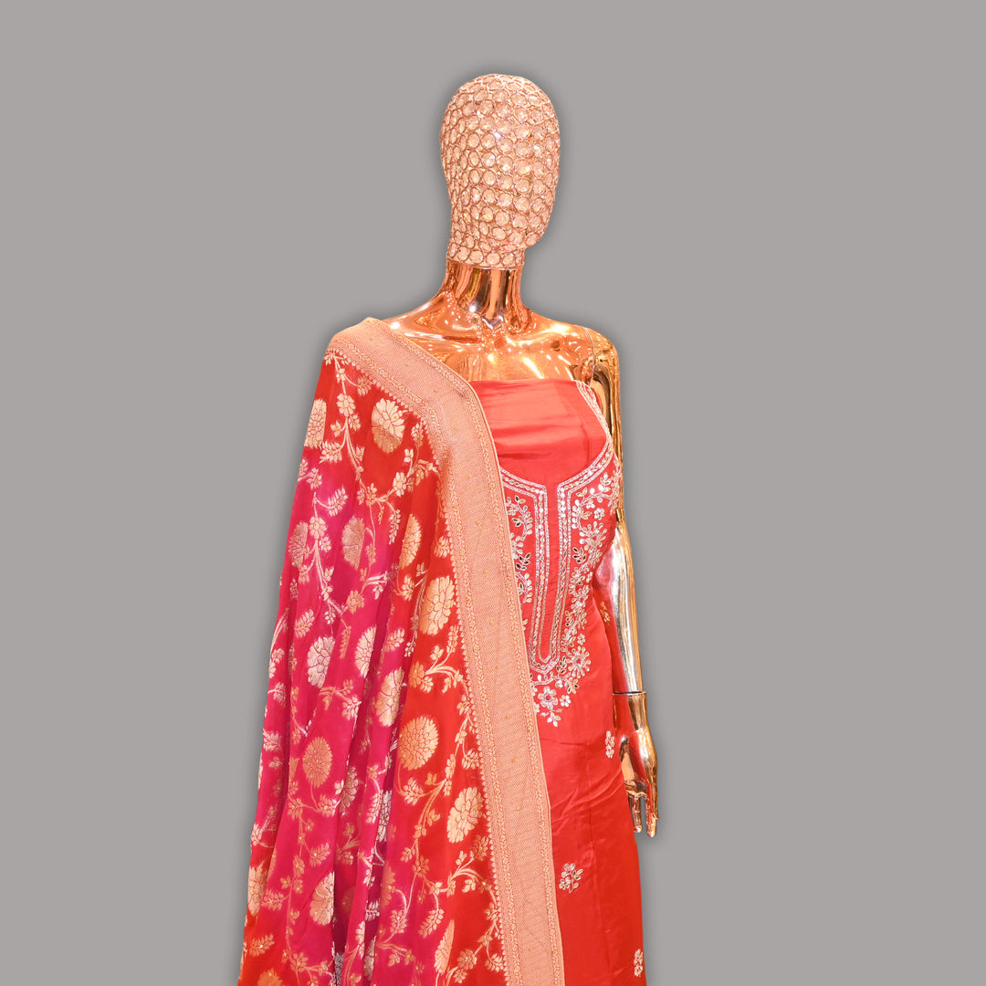 Premium Upada Silk Dabka Gota Patti Unstitched Suit Set-HSA245