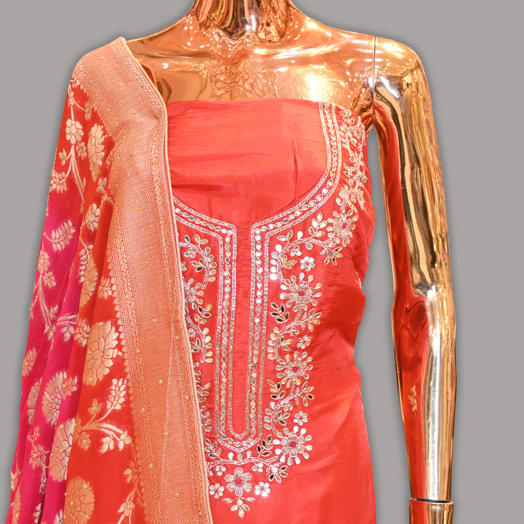 Premium Upada Silk Dabka Gota Patti Unstitched Suit Set-HSA245