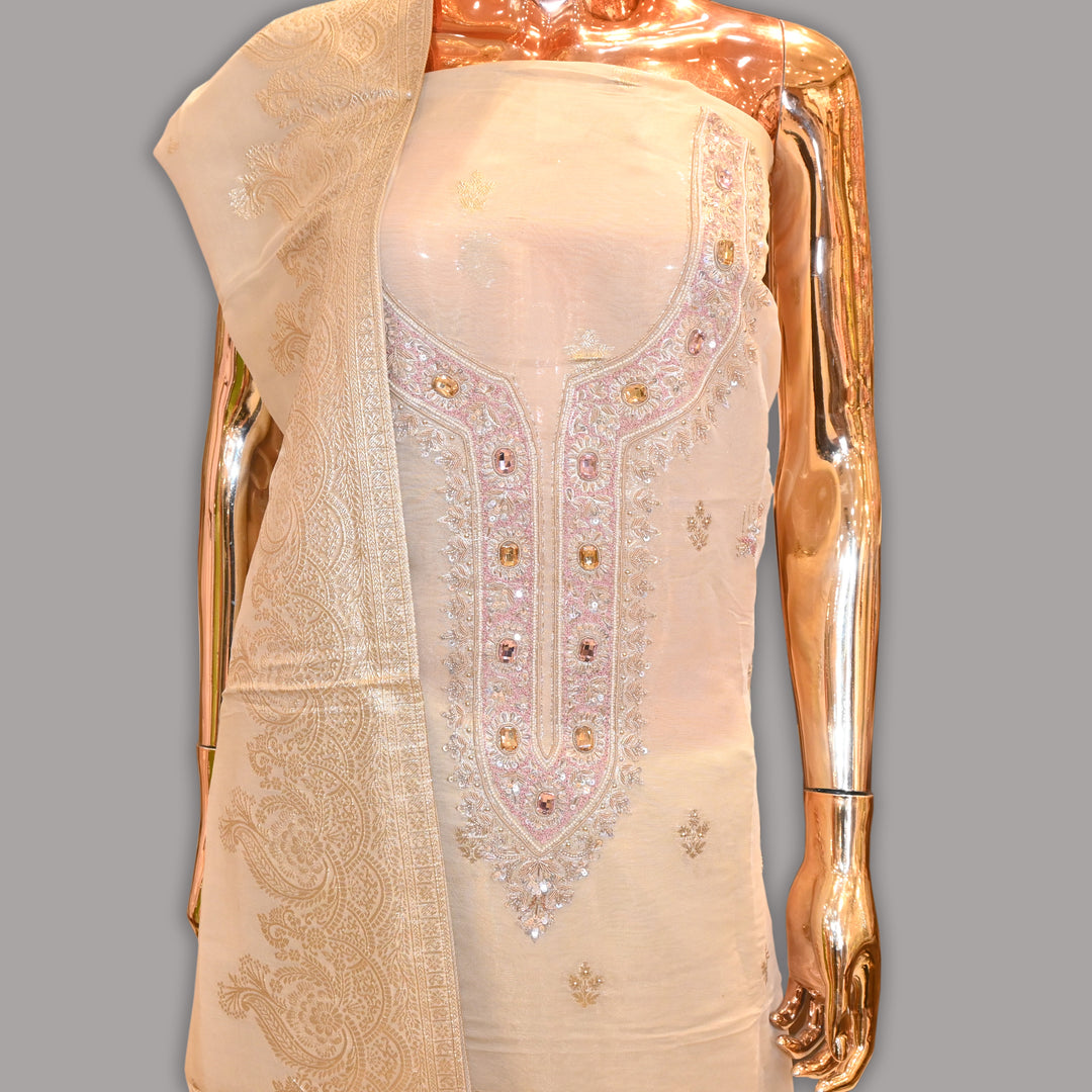 Luxury Tissue Silk Dabka Cut Dana Stone Work Unstitched Suit Set-SF037A