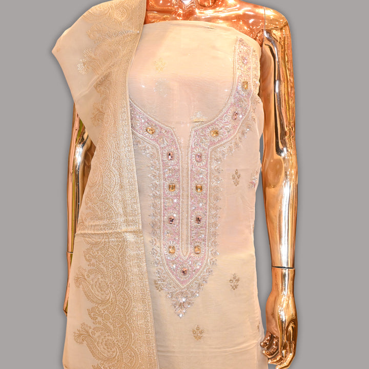 Luxury Tissue Silk Dabka Cut Dana Stone Work Unstitched Suit Set-SF037A