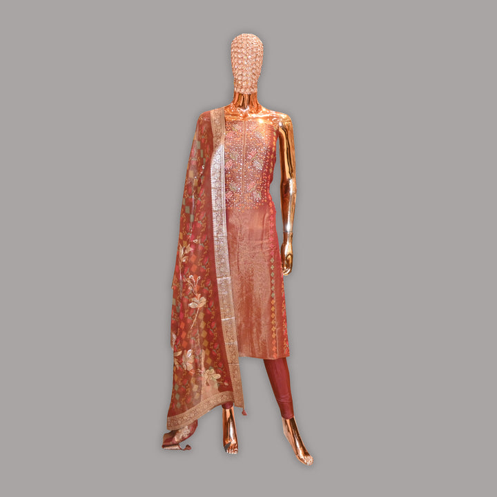 Elegant Shimmer Tissue Multicolor Sequins Moti Work Unstitched Suit Set-RC0746