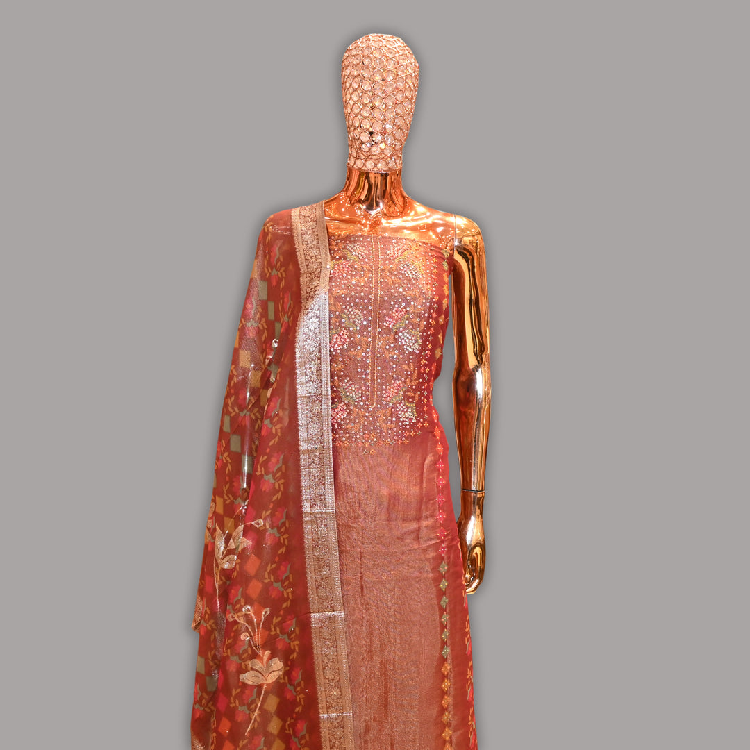 Elegant Shimmer Tissue Multicolor Sequins Moti Work Unstitched Suit Set-RC0746