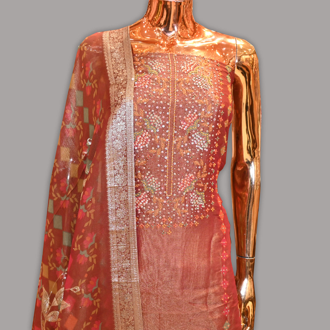 Elegant Shimmer Tissue Multicolor Sequins Moti Work Unstitched Suit Set-RC0746