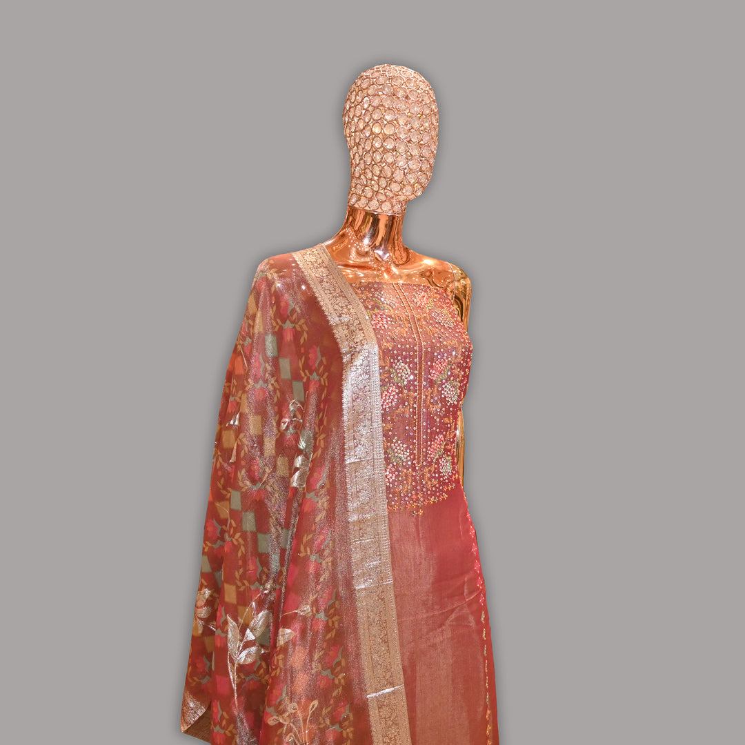 Elegant Shimmer Tissue Multicolor Sequins Moti Work Unstitched Suit Set-RC0746