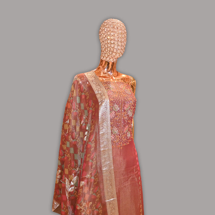 Elegant Shimmer Tissue Multicolor Sequins Moti Work Unstitched Suit Set-RC0746