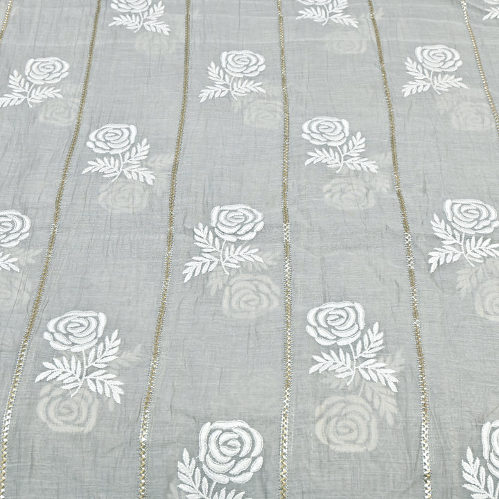 Grey Color Mul Chanderi Thread Embroidery Fabric with Gota Stripes AT01023-1