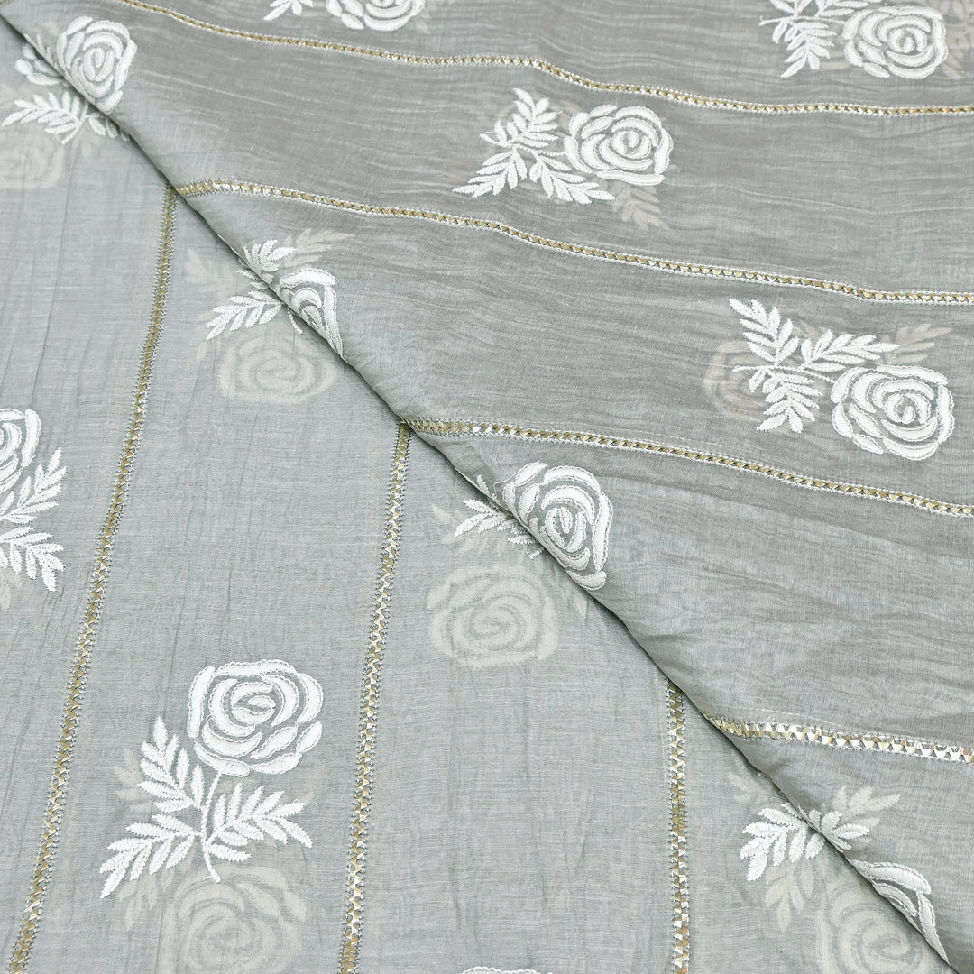 Grey Color Mul Chanderi Thread Embroidery Fabric with Gota Stripes AT01023-1