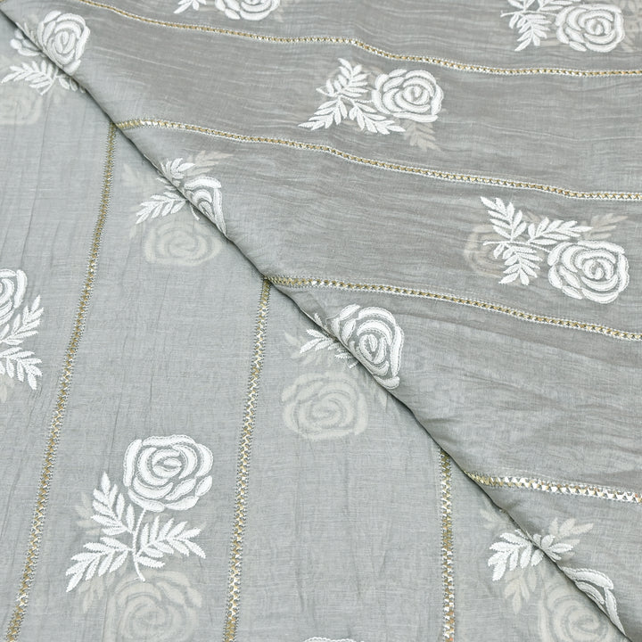 Grey Color Mul Chanderi Thread Embroidery Fabric with Gota Stripes AT01023-1