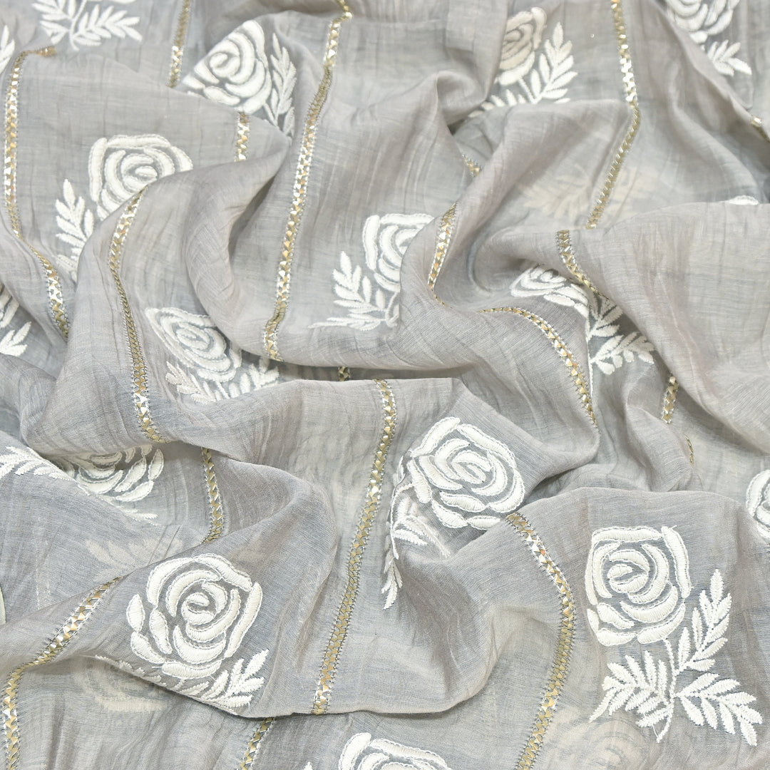 Grey Color Mul Chanderi Thread Embroidery Fabric with Gota Stripes AT01023-1