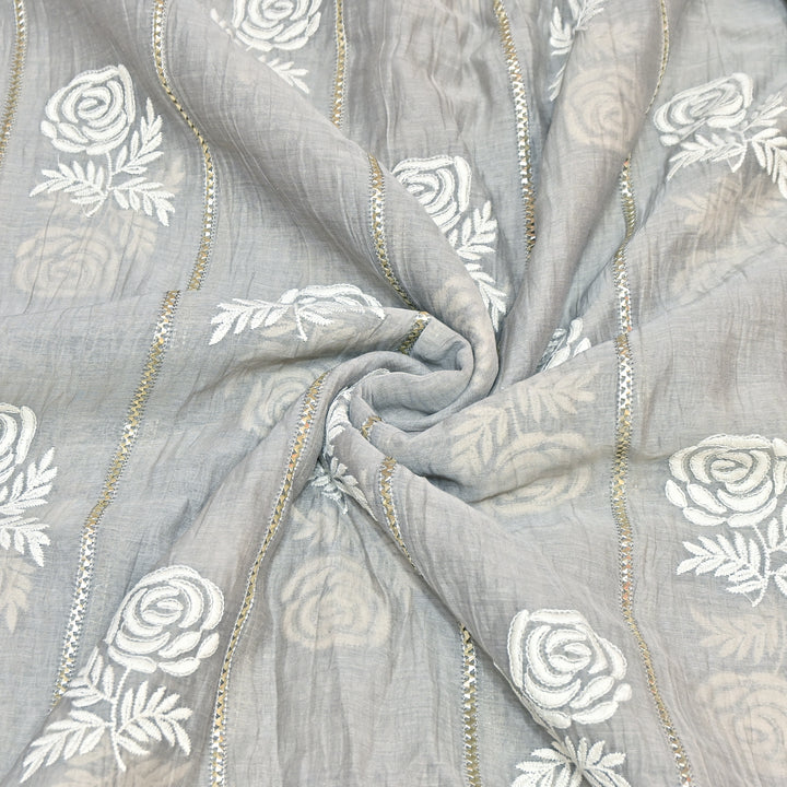 Grey Color Mul Chanderi Thread Embroidery Fabric with Gota Stripes AT01023-1