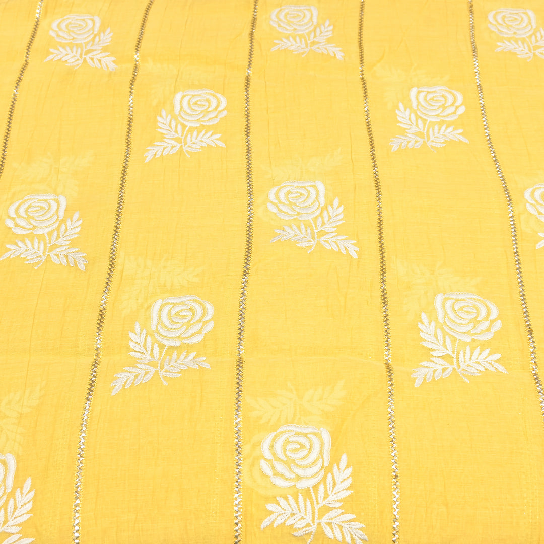 Yellow Color Mul Chanderi Thread Embroidery Fabric with Gota Stripes AT01023-2