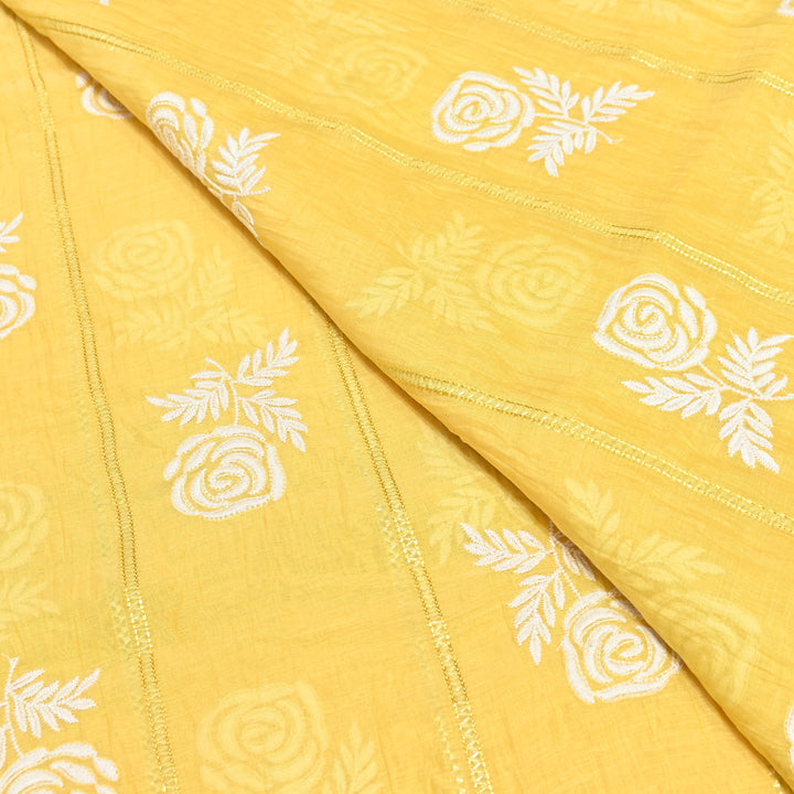 Yellow Color Mul Chanderi Thread Embroidery Fabric with Gota Stripes AT01023-2