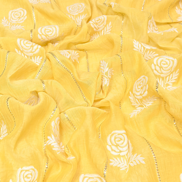 Yellow Color Mul Chanderi Thread Embroidery Fabric with Gota Stripes AT01023-2