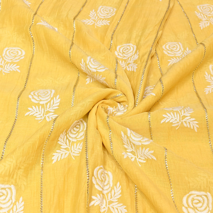 Yellow Color Mul Chanderi Thread Embroidery Fabric with Gota Stripes AT01023-2