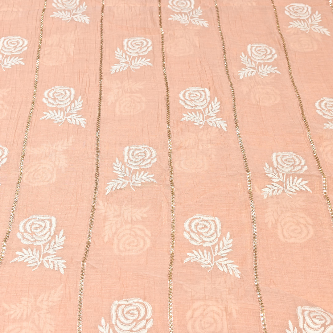 Blush Peach Color Mul Chanderi Thread Embroidery Fabric with Gota Stripes AT01023-3