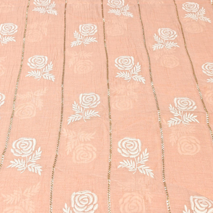 Blush Peach Color Mul Chanderi Thread Embroidery Fabric with Gota Stripes AT01023-3