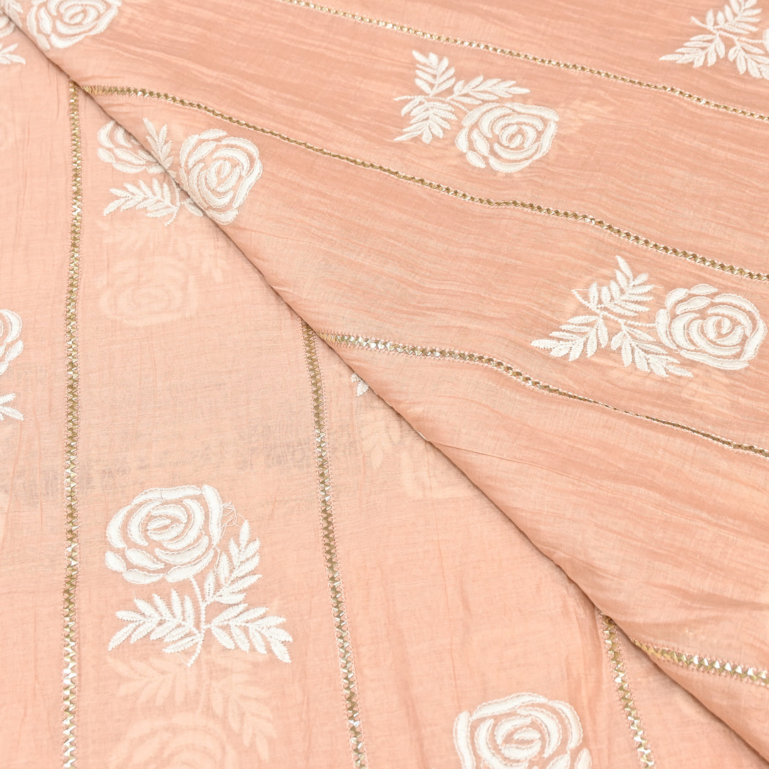 Blush Peach Color Mul Chanderi Thread Embroidery Fabric with Gota Stripes AT01023-3